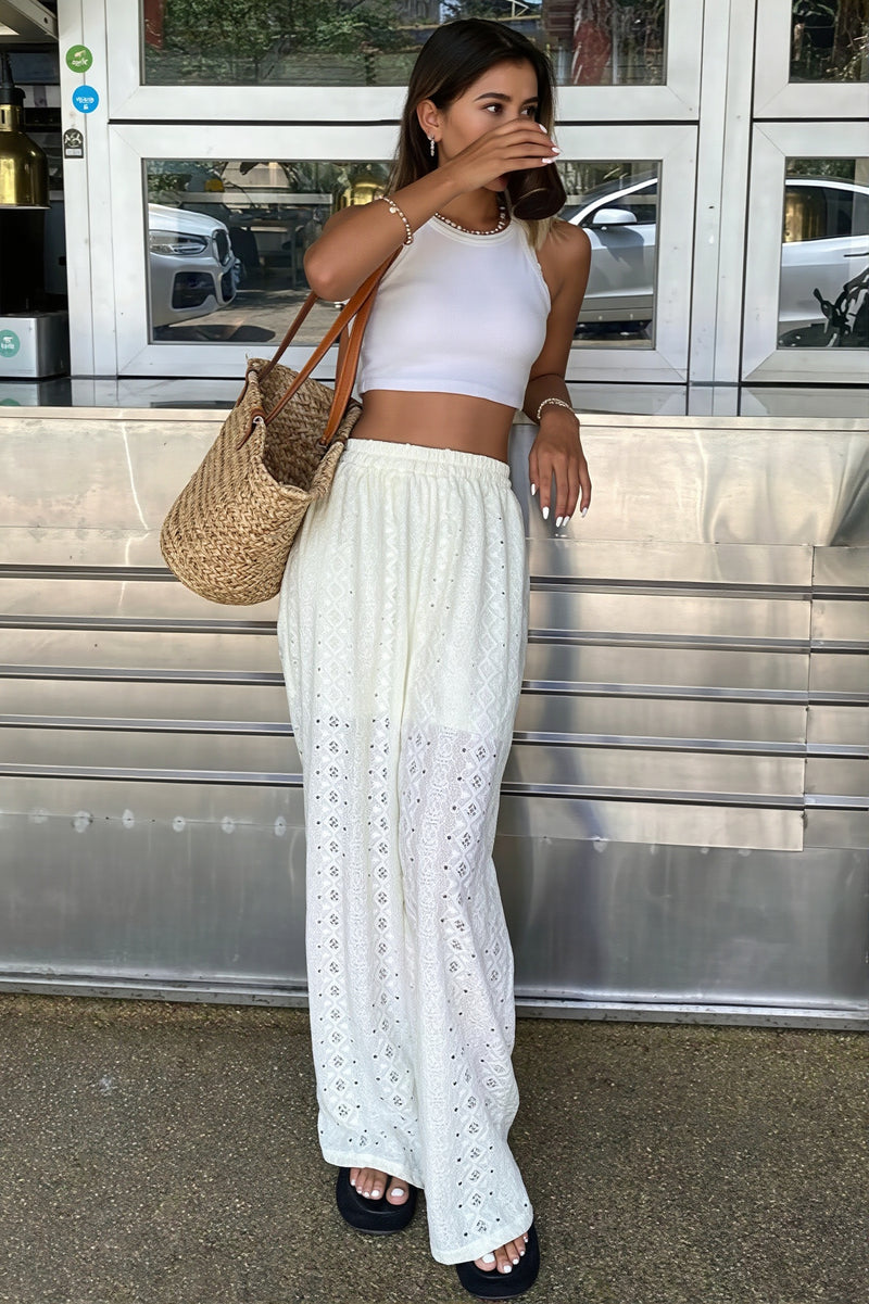 Sexy Solid Sheer Embroidery Drawstring Pants