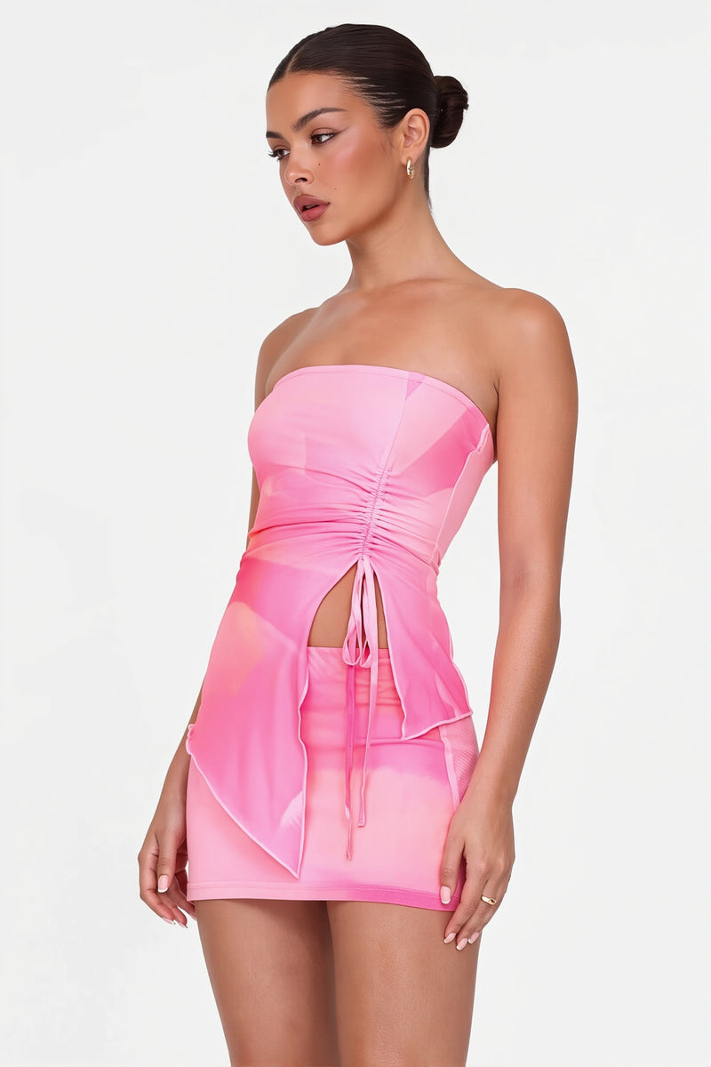 Sexy Strapless Backless Shirred Crop Top Skirt Sets