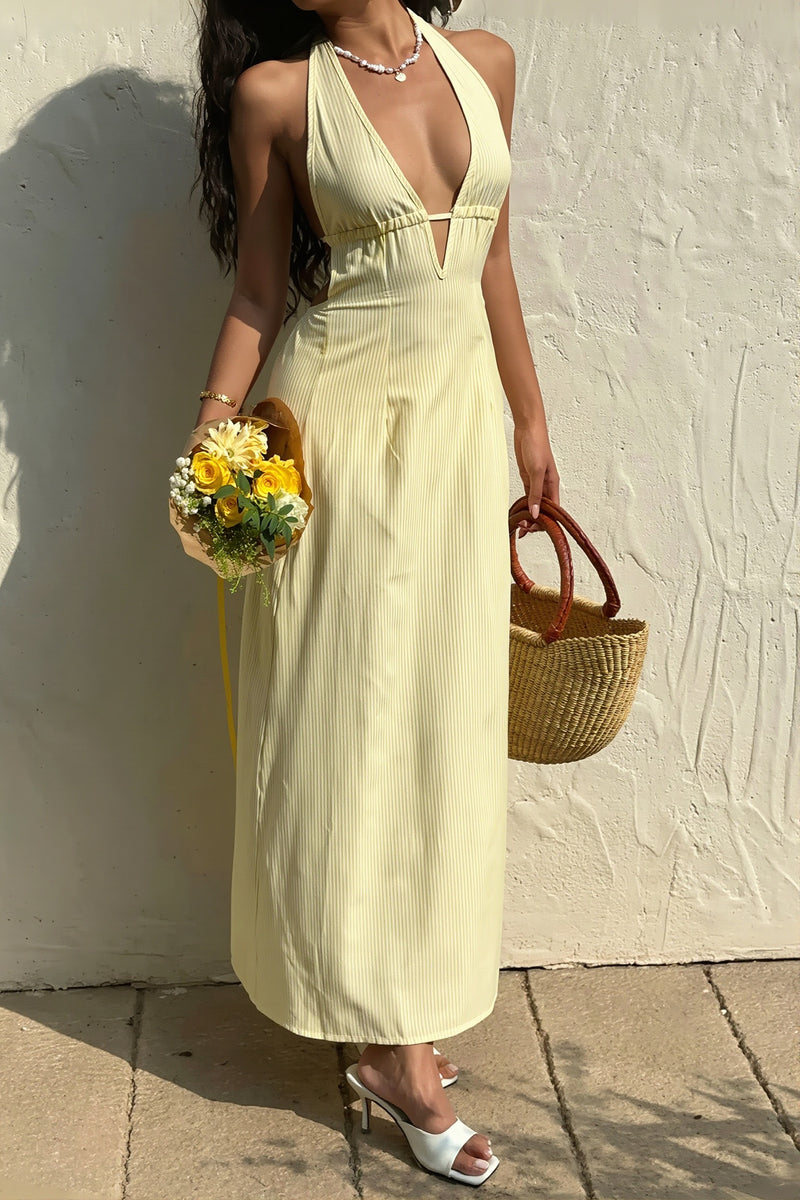 Sexy Stripe Halter Backless Lace Up Maxi Dress