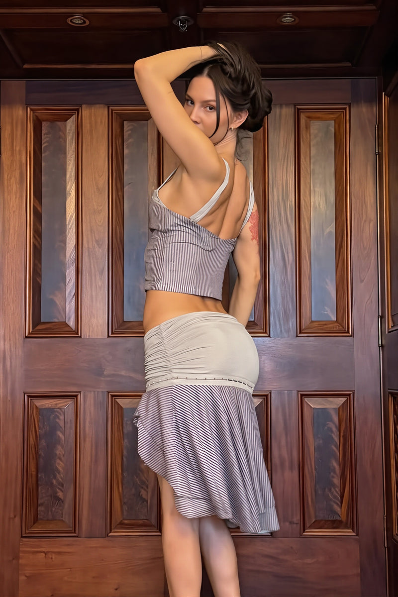 Sexy Stripe Patchwork Halter Open Back Skirt Sets
