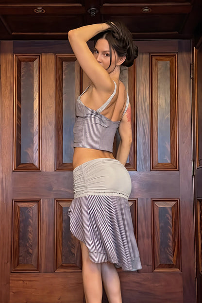 Sexy Stripe Patchwork Halter Open Back Skirt Sets