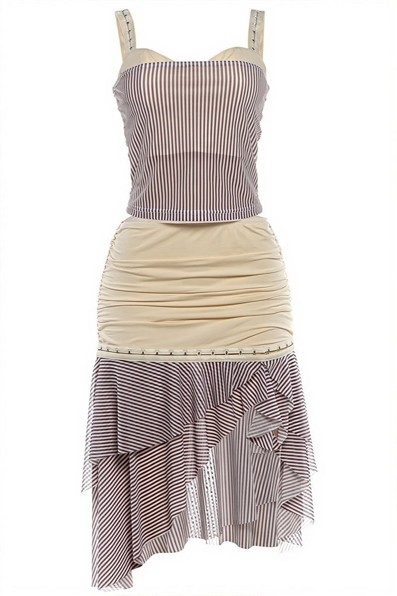 Sexy Stripe Patchwork Halter Open Back Skirt Sets