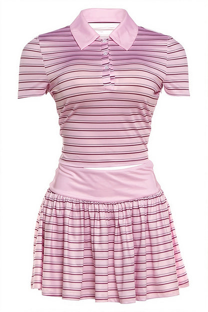 Sexy Vintage Stripe Polo Top Low Rise Skirt Sets