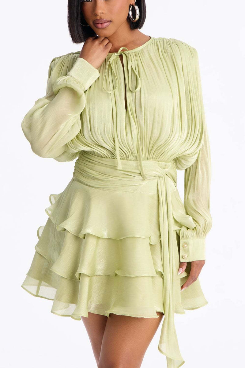 Sheen Flowy Tie Ruched Tiered Mini Dress