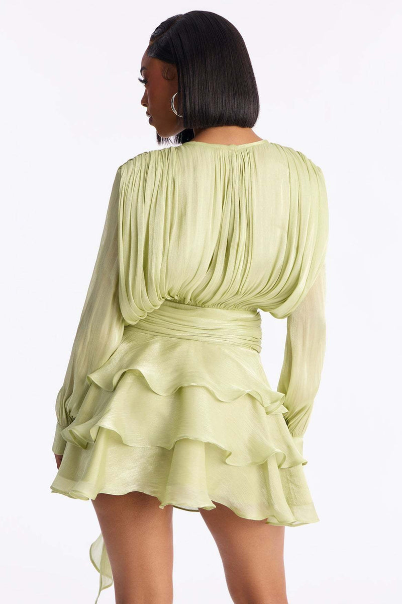 Sheen Flowy Tie Ruched Tiered Mini Dress