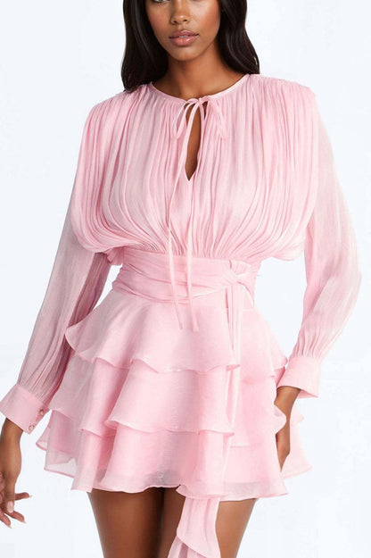 Sheen Flowy Tie Ruched Tiered Mini Dress