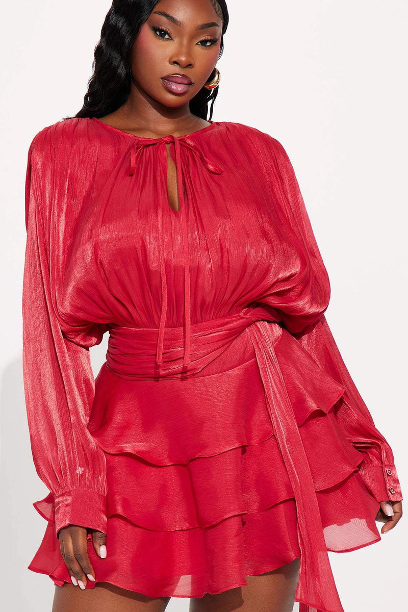 Sheen Flowy Tie Ruched Tiered Mini Dress