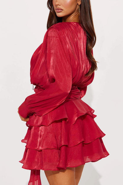 Sheen Flowy Tie Ruched Tiered Mini Dress