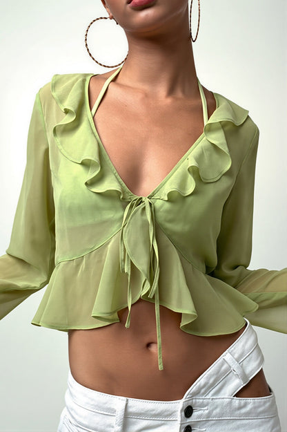 Sheer Flowy Ruffle V Cropped Blouse