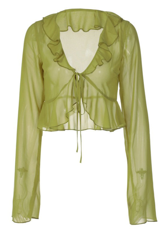 Sheer Flowy Ruffle V Cropped Blouse