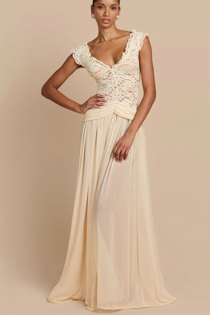 Sheer Lace V Neck Elegant Maxi Dress
