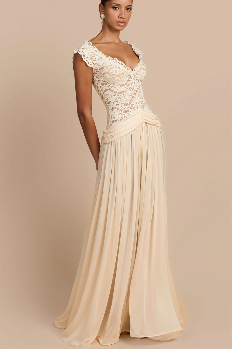 Sheer Lace V Neck Elegant Maxi Dress