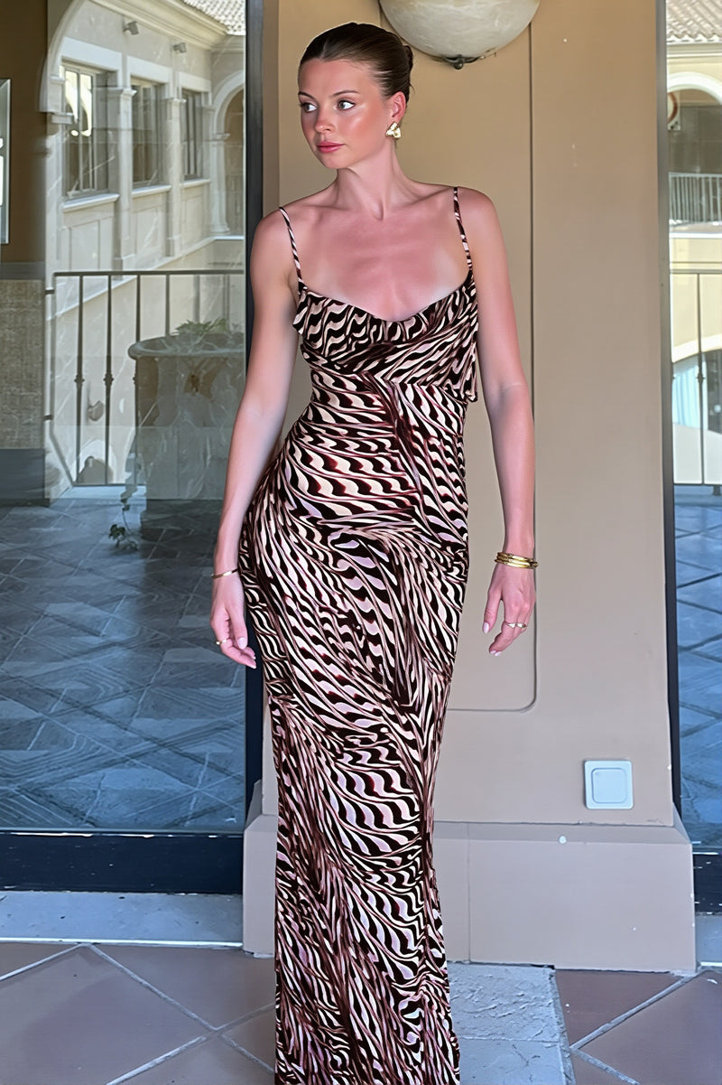 Sheer Mesh Cowl Neck Slip Strap Maxi Dress