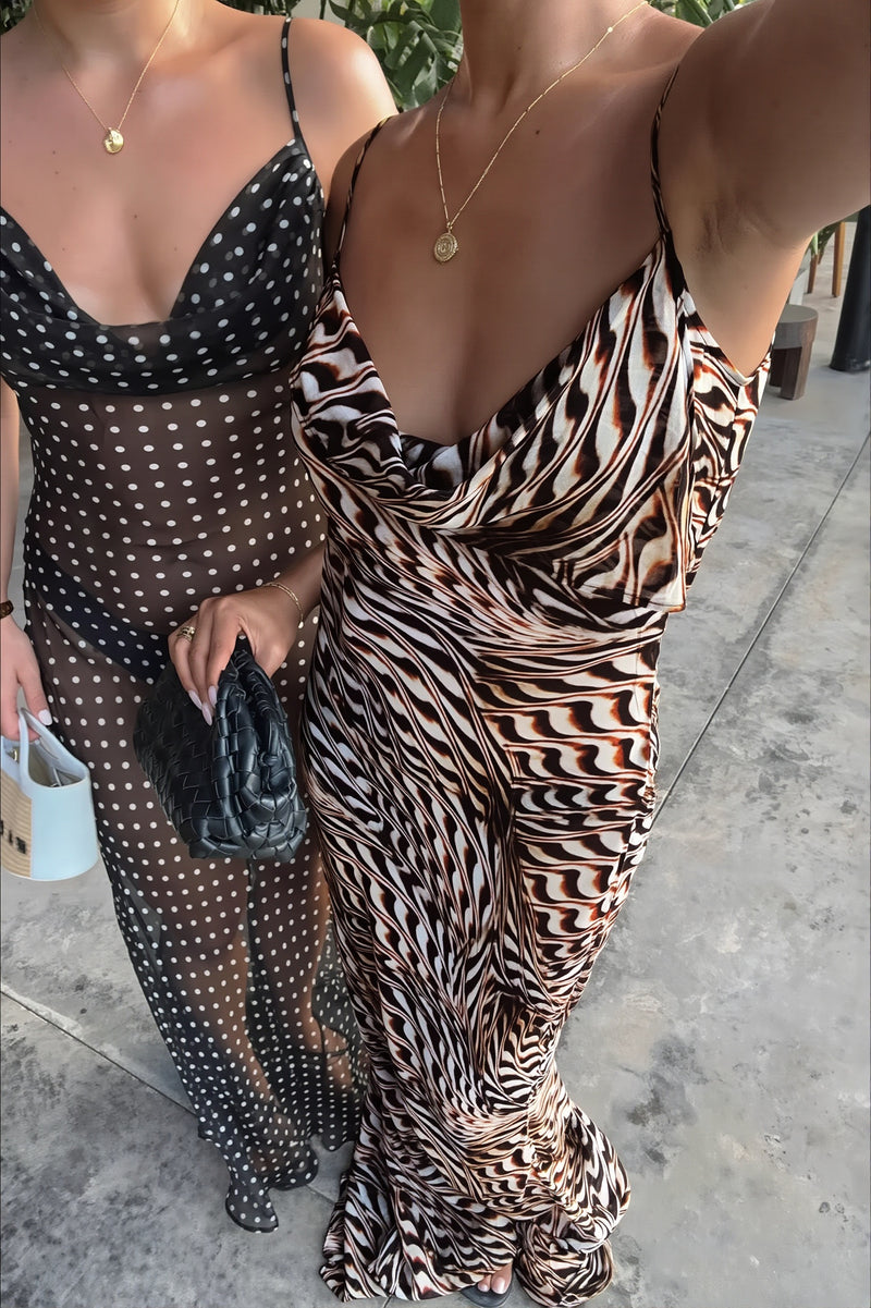 Sheer Mesh Cowl Neck Slip Strap Maxi Dress