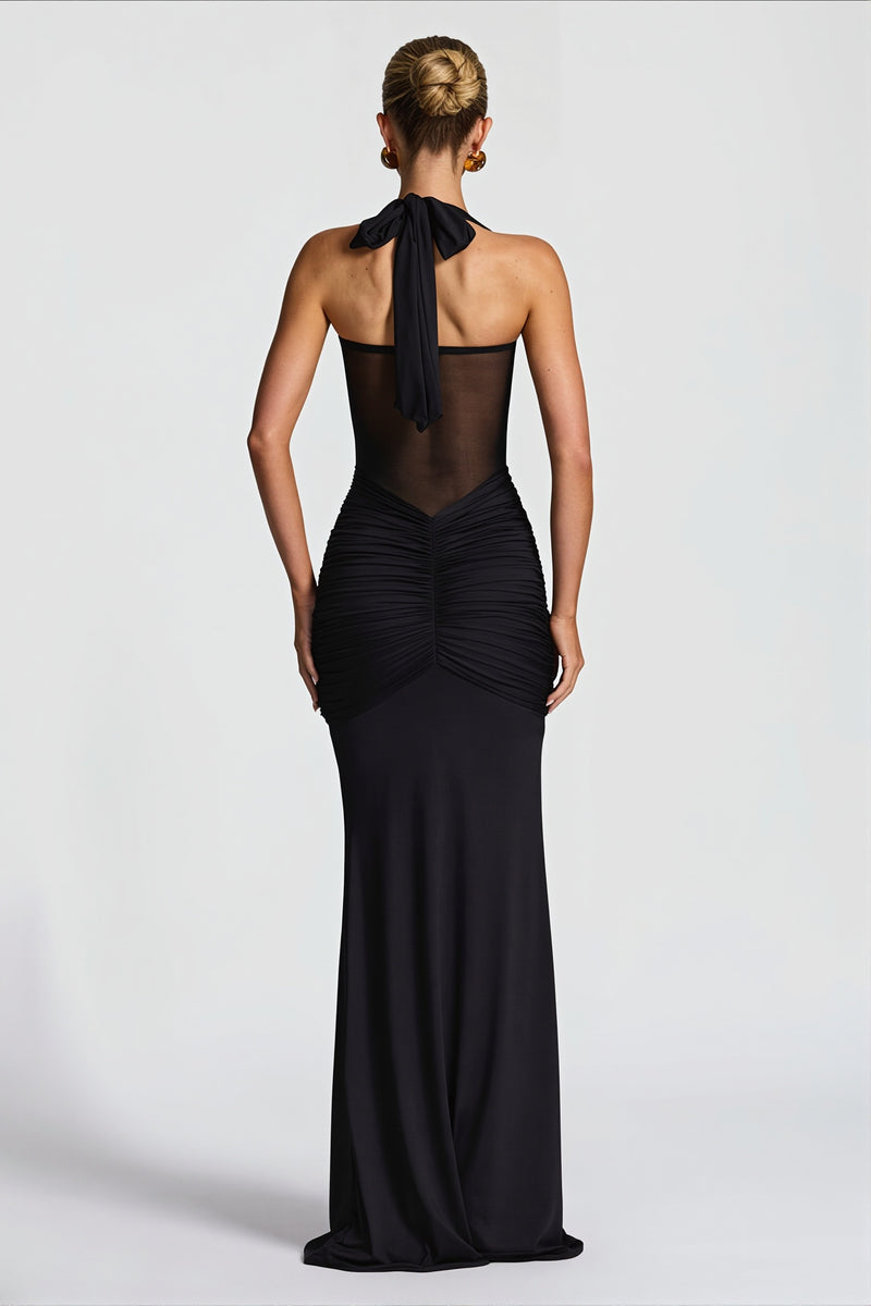 Sheer Mesh Sash Bodycon Maxi Dress
