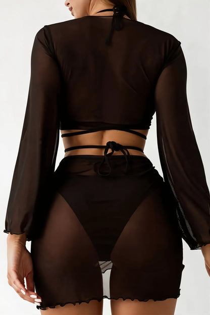 Sheer Mesh Solid Four Piece Bikini Set