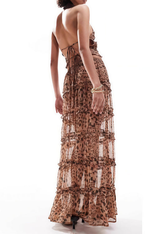Sheer Ruffle Leopard Backless Maxi Skirt Set
