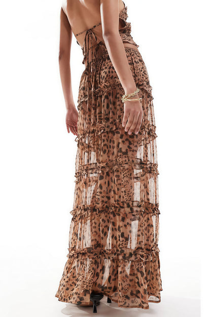 Sheer Ruffle Leopard Backless Maxi Skirt Set