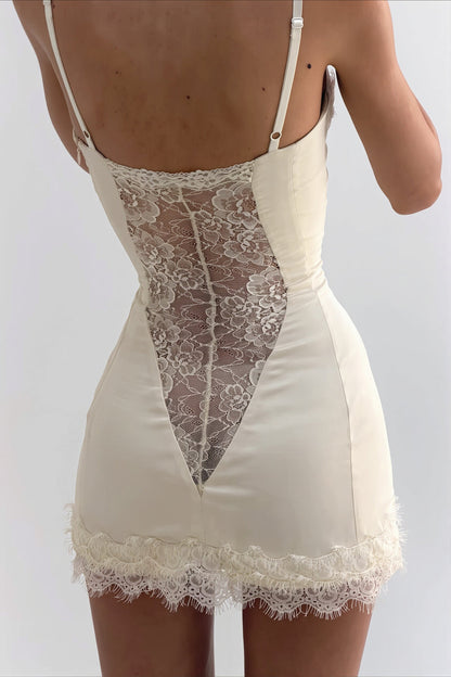 Sheer Sexy Lace Hollow Satin Mini Dress