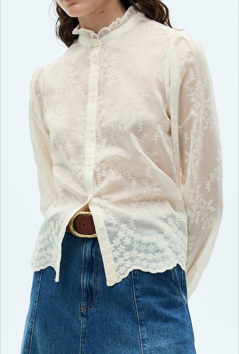 Sheer Tencel Chiffon Embroidered Blouse