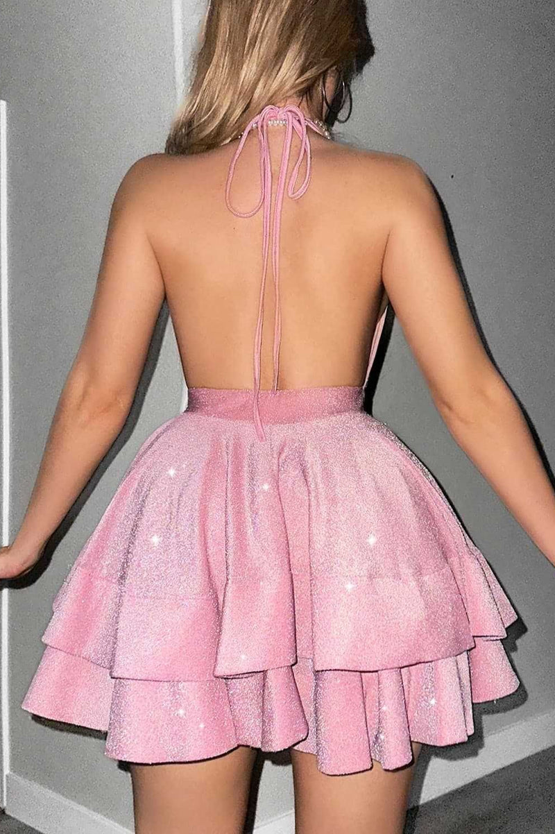 Shiny Deep V Ruffle Flared Mini Dress