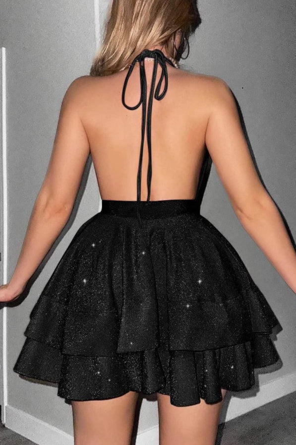 Shiny Deep V Ruffle Flared Mini Dress
