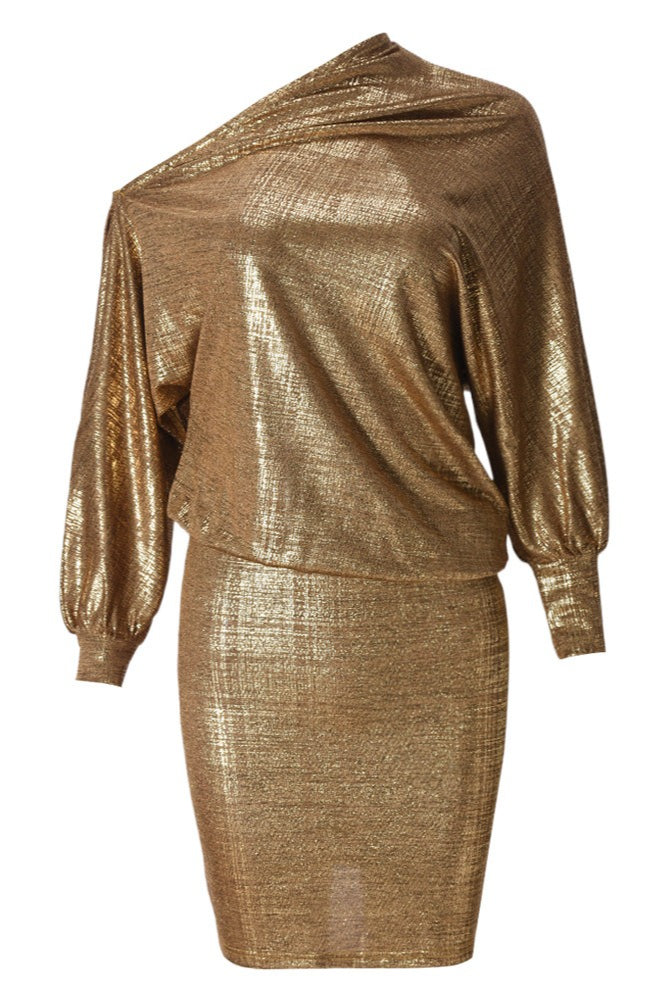 Shiny Gold Asymmetric Collar Mini Dress