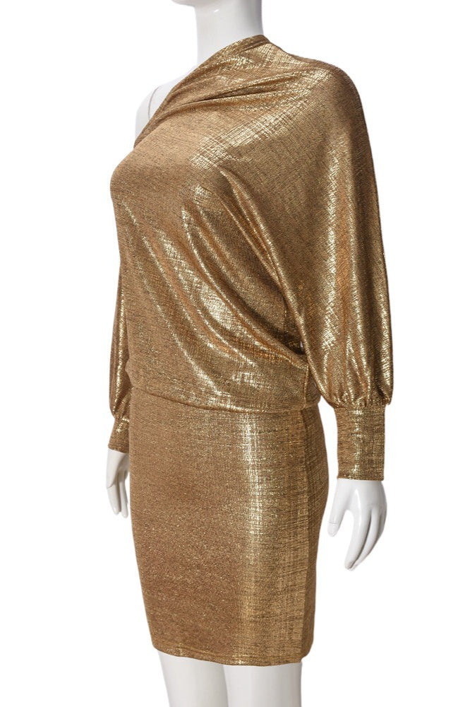 Shiny Gold Asymmetric Collar Mini Dress