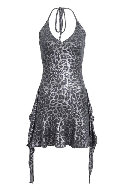 Shiny Leopard Ruffle Halter Mini Dress
