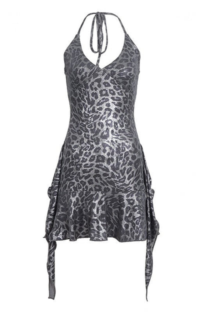 Shiny Leopard Ruffle Halter Mini Dress