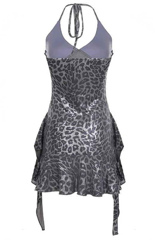 Shiny Leopard Ruffle Halter Mini Dress