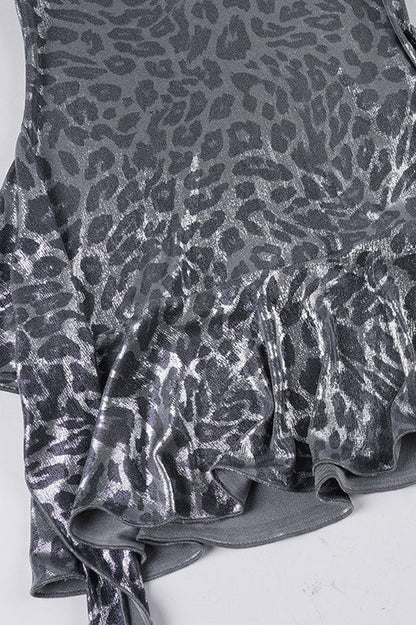 Shiny Leopard Ruffle Halter Mini Dress