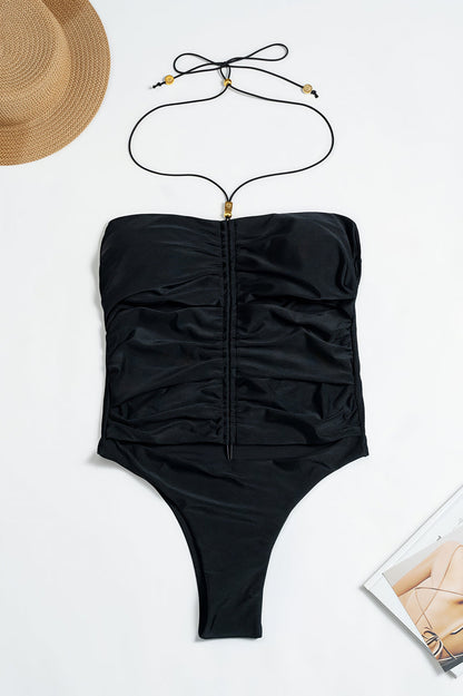 Shiny Nylon Ruched Tie One Piece Swimwear