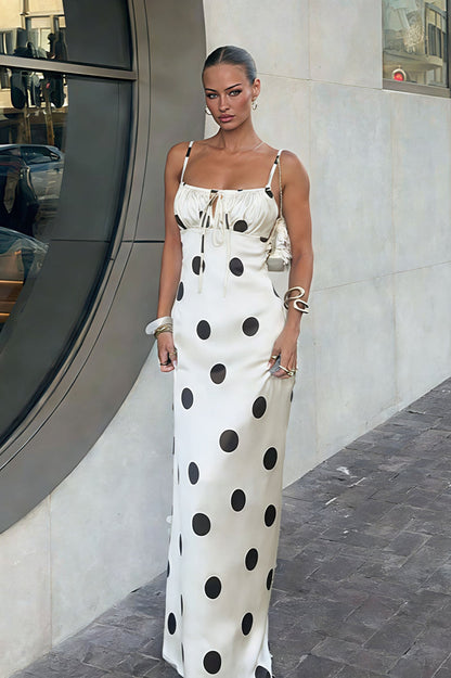 Silk Satin Polka Dot Spaghetti Strap Maxi Dress