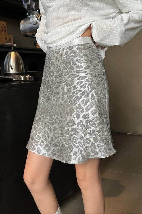 Silver Leopard Print High Waist Skirt