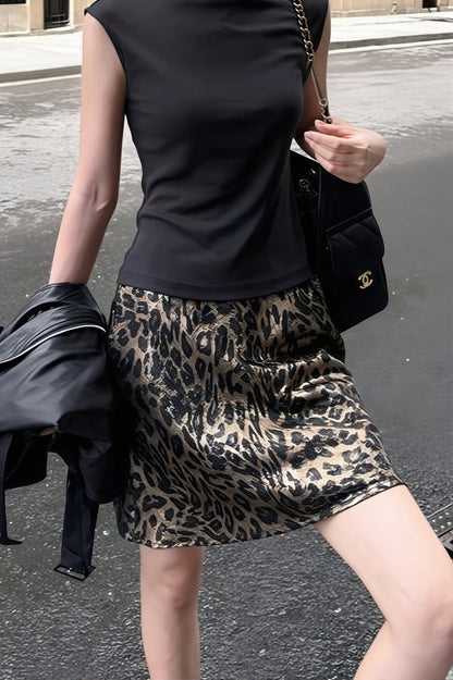 Silver Leopard Print High Waist Skirt