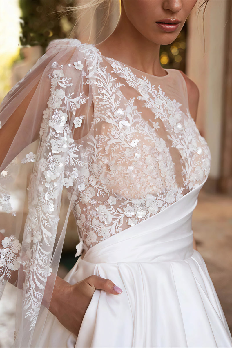 Simple Asymmetrical Shoulder Mesh Applique Train Wedding Dress