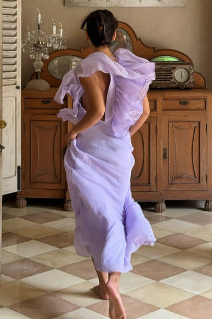 Simple Deep V Ruffle Solid Elegant Maxi Dress