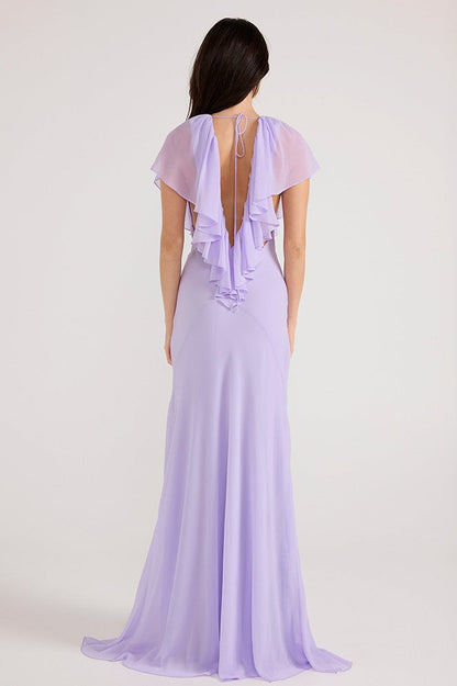 Simple Deep V Ruffle Solid Elegant Maxi Dress