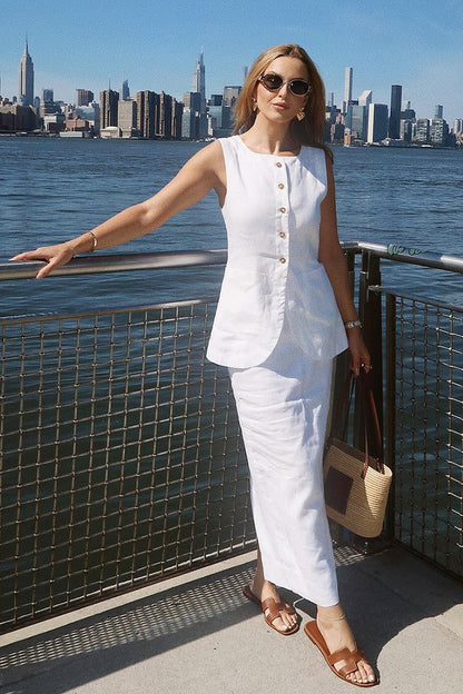 Simple Linen Vest High Waist Skirt Set