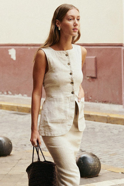 Simple Linen Vest High Waist Skirt Set