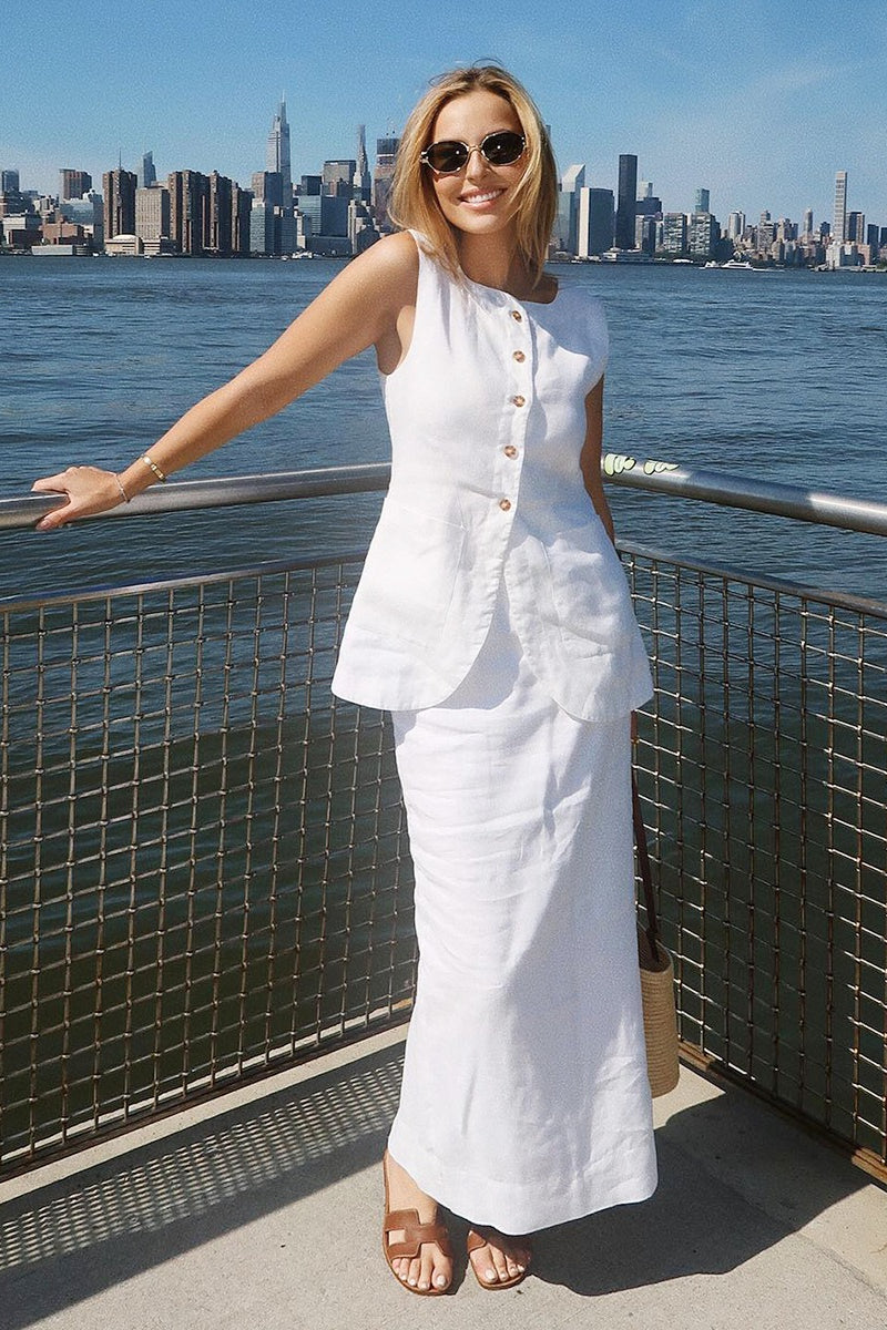 Simple Linen Vest High Waist Skirt Set