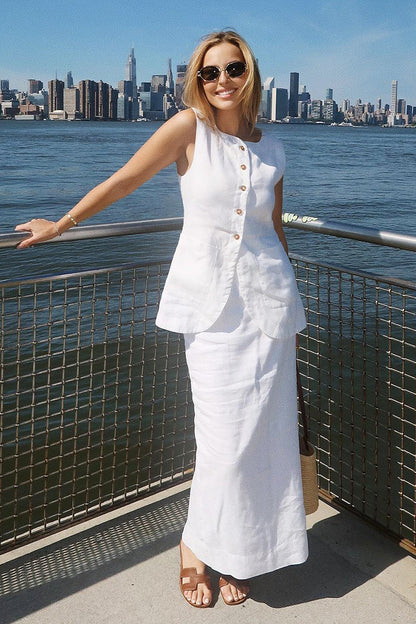 Simple Linen Vest High Waist Skirt Set