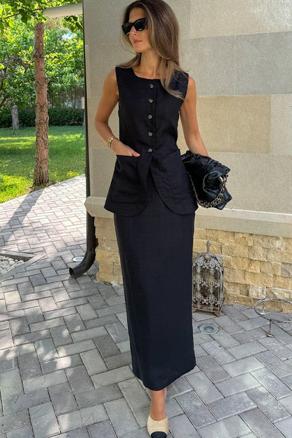 Simple Linen Vest High Waist Skirt Set