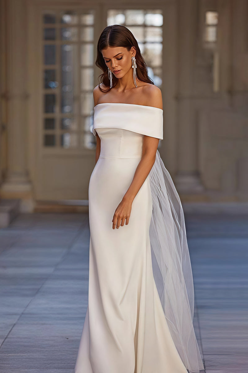 Simple Off Shoulder Mesh Sash Wedding Dress
