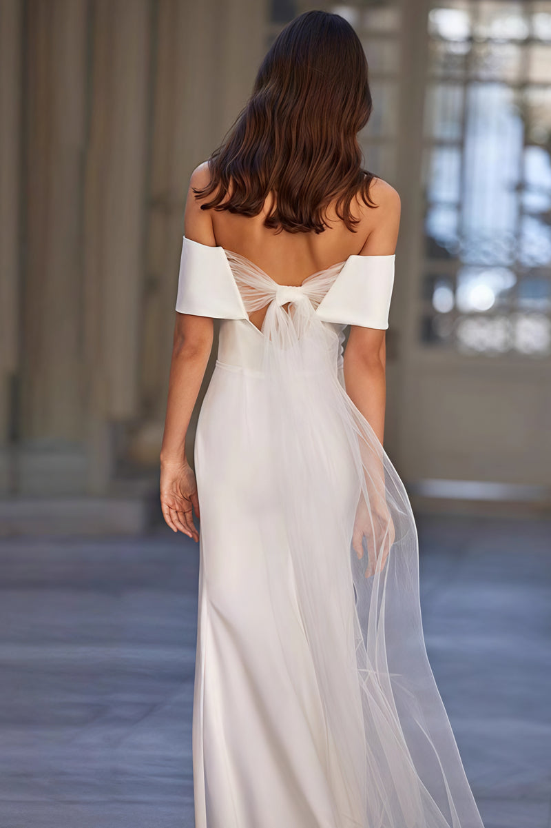 Simple Off Shoulder Mesh Sash Wedding Dress