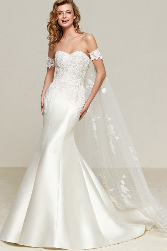 Simple Off Shoulder Satin Mermaid Detachable Train Wedding Dress