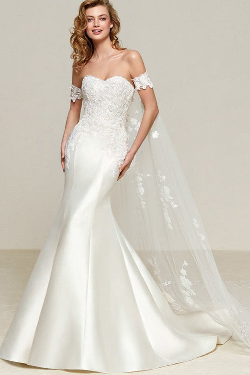 Simple Off Shoulder Satin Mermaid Detachable Train Wedding Dress