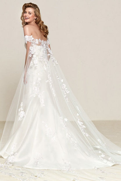 Simple Off Shoulder Satin Mermaid Detachable Train Wedding Dress