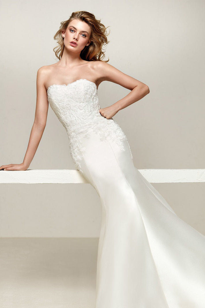 Simple Off Shoulder Satin Mermaid Detachable Train Wedding Dress
